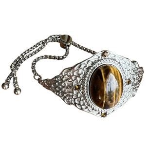 Womens Tiger Eye Bolo Bracelet Brown Austrian‎ Crystal Stainless Jewelry Western